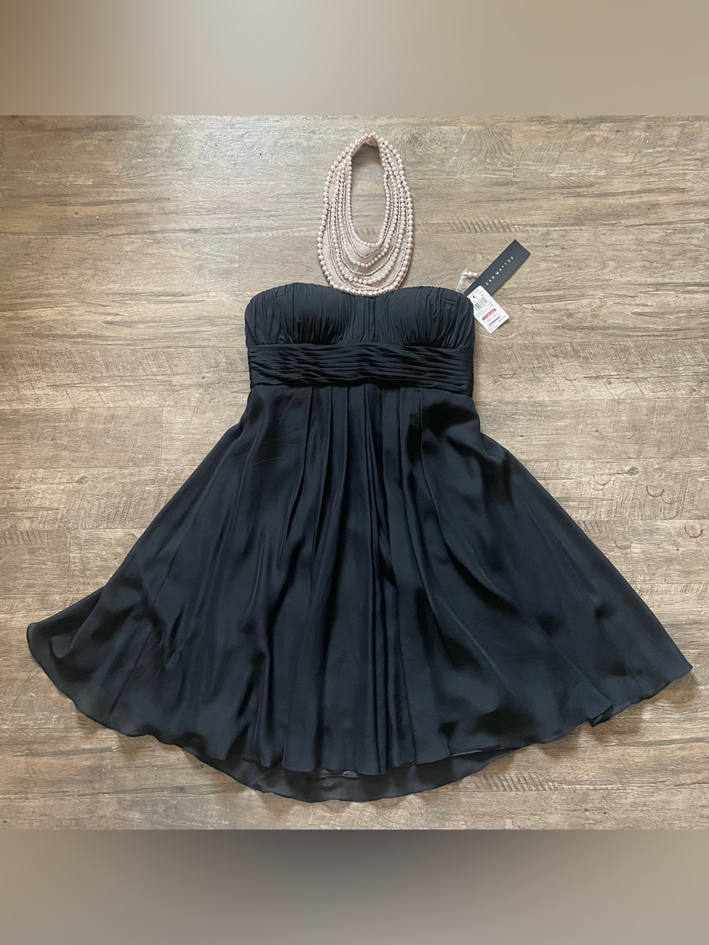 Aidan Mattox Dress Pearl Collar Silk Halter Strapless Ruched Waist Black Chiffon